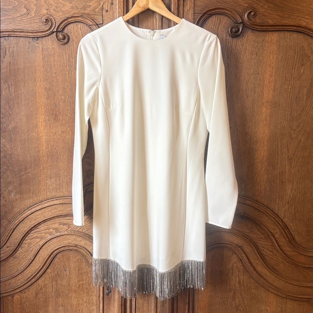NWT Gianni Bini Sage Rhinestone Fringe Crew Neck Long Sleeve Crepe Dress - Picture 6 of 16